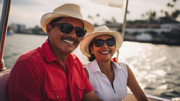 Foto una coppia di razza mista di mezza età sorridente che si diverte a fare un giro in barca a vela in un giorno d'estate