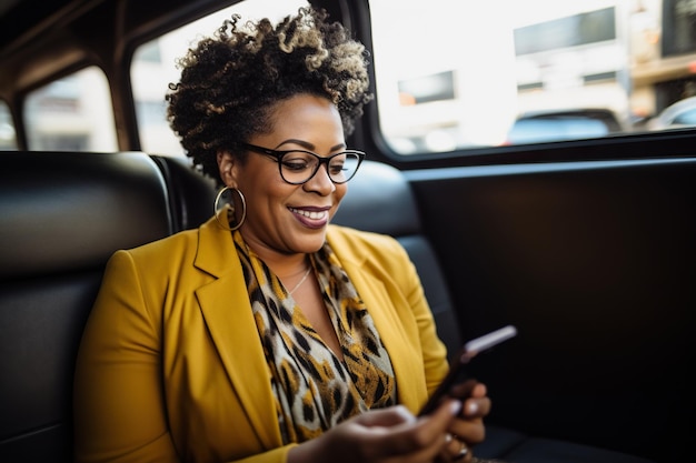 A smiling middleaged African American businesswoman using a smartphone in a taxi cab