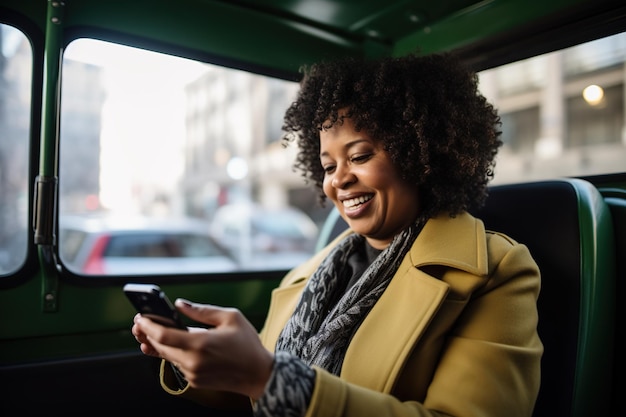 A smiling middleaged African American businesswoman using a smartphone in a taxi cab