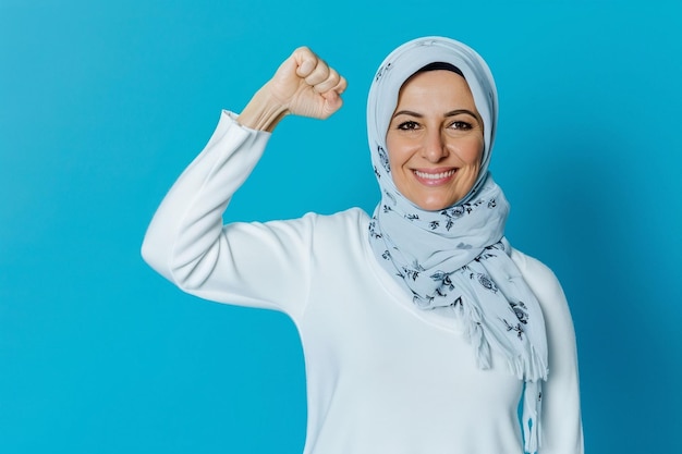 A smiling middleaged Arab woman standing on a blue background raises her arm showing her muscles