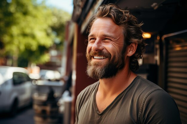 Smiling middleaged bearded man enjoying travels to exotic and warm destinations