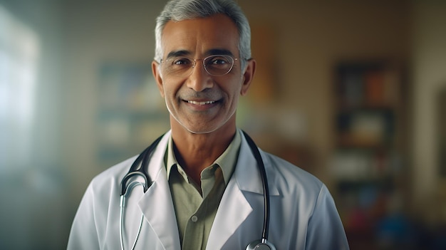 Улыбающийся индийский врач средних лет, стоящий в медицинской форме на фоне больницы. Создано с помощью технологии генеративного ИИ.