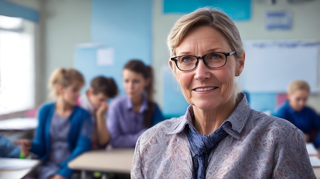 A smiling middleaged teacher in a classroom among students World Teachers' Day AI generation