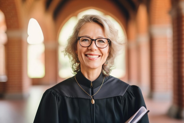 Smiling middleaged woman in academic regalia with diploma