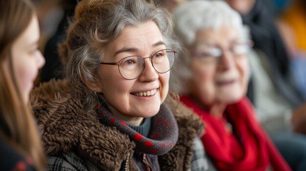 Smiling middleaged woman enjoying family time with relatives around