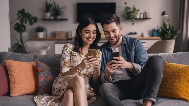 Smiling millennial couple talking holding smartphones relaxing on couch together