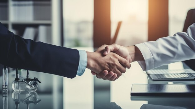 Smiling millennial young woman and man partners handshaking after successful business negotiations i