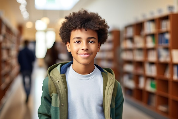 Photo smiling mixed race schoolboy in school library education concerpt