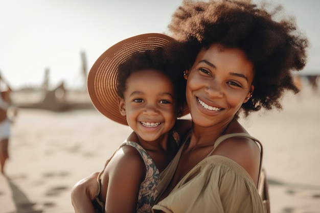 Smiling mom and beautiful girl having fun on the beach during summer vacation Generative AI