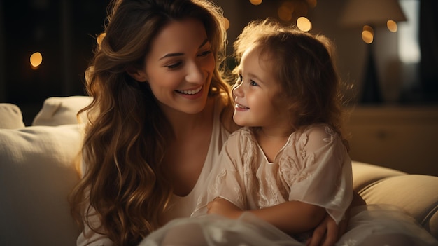 Smiling mother and daughter enjoying time together with a lightup decoration at home