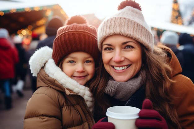 A smiling mother and daughter in winter hats enjoying a holiday market together