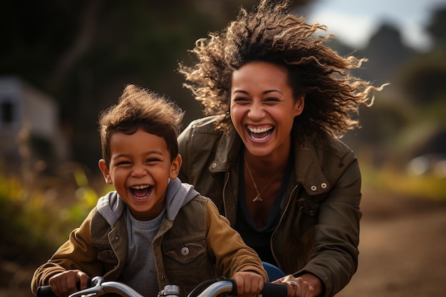 写真 笑顔の母親が息子に屋外で自転車に乗ることを教える楽しみを楽しんでいます generative ai
