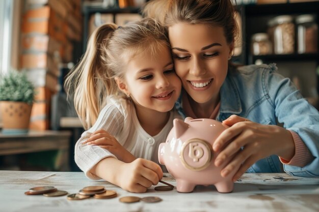 Photo smiling mother helping daughter putting money in piggy bank