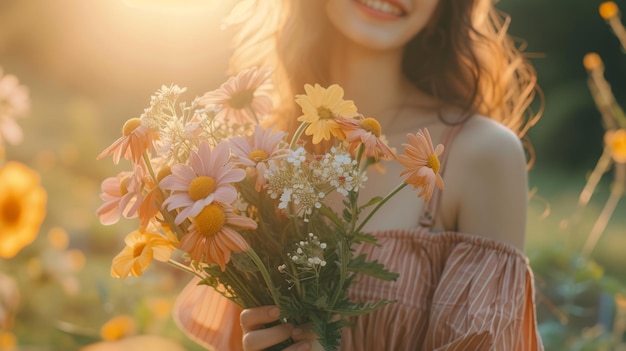 A smiling mother holding a bouquet of flowers