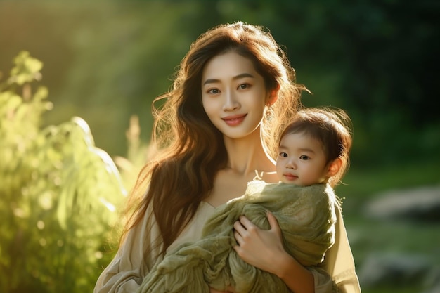 Smiling mother holding a child in nature