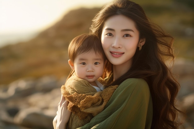 Smiling mother holding a child in nature