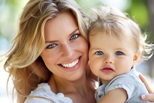 Foto madre sorridente che abbraccia il suo bambino innocente