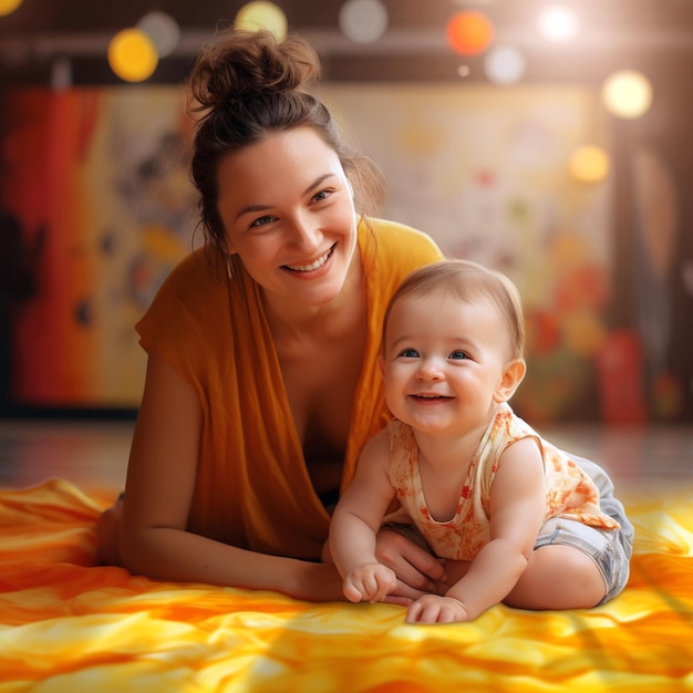 Smiling mother plays with newborn baby laying on floor