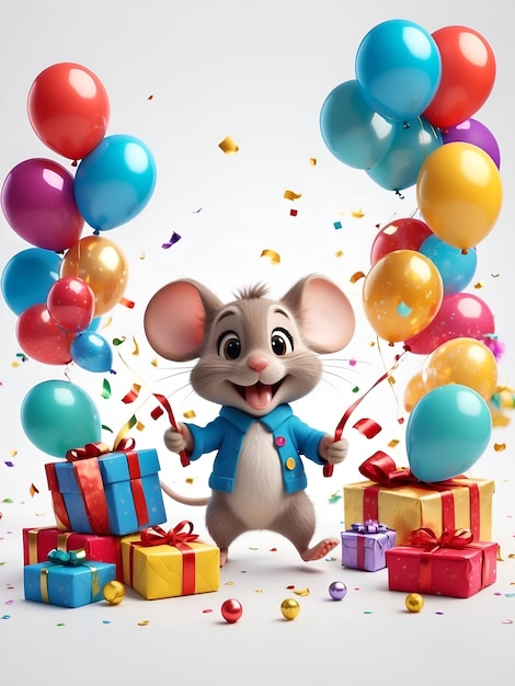 Photo smiling mouse at the party with balloons presents and confetti isolated on white background