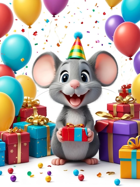 Foto topo sorridente alla festa con regali di palloncini e confetti isolati su sfondo bianco