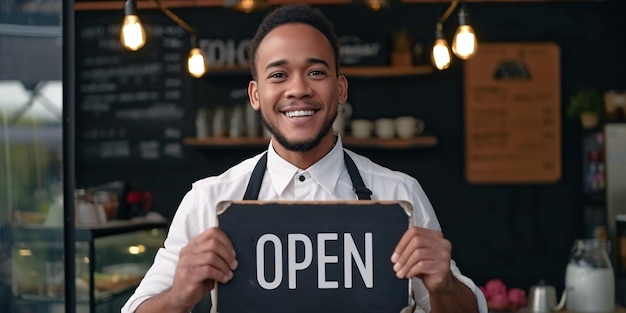 Smiling multiethnic male server holding open sign and gazing at camera Independent bistro thriving as a small enterprise