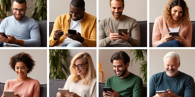 Smiling multiethnic people using smartphones while relaxing in armchair at home