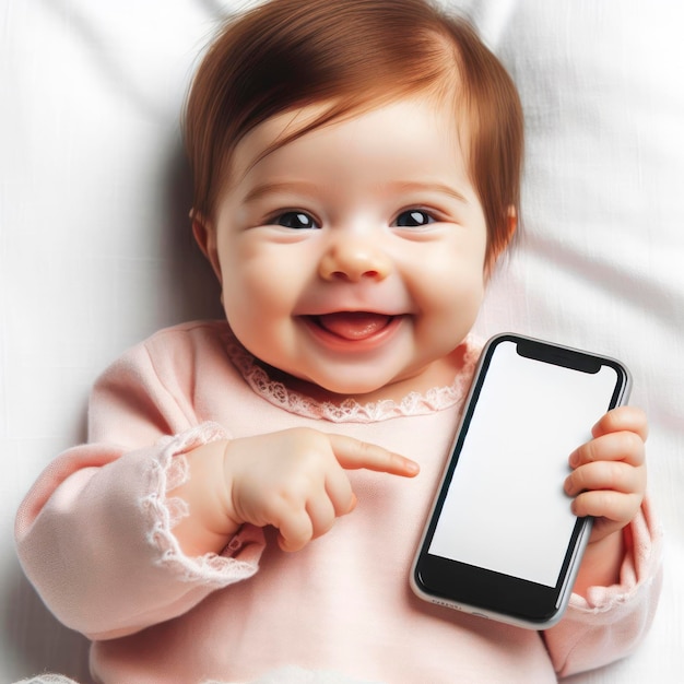 smiling newborn baby pointing on smartphone with white screen on white background