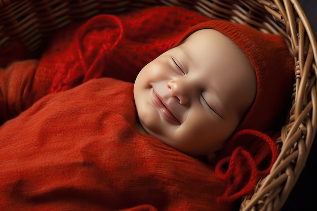 Smiling newborn baby with mohawk hair lying in blanket