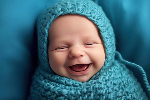 Smiling newborn baby with mohawk hair lying in blanket