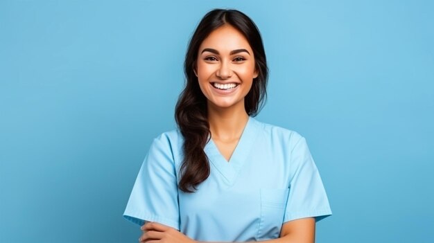Портрет улыбающейся медсестры на изолированном синем фоне