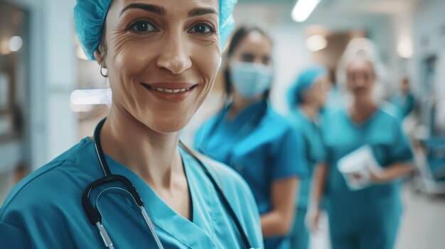Photo smiling nurse in scrubs close up