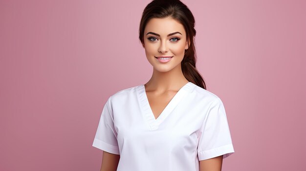 분홍색 배경 의료 개념에 흰색 스크럽에 웃는 간호사