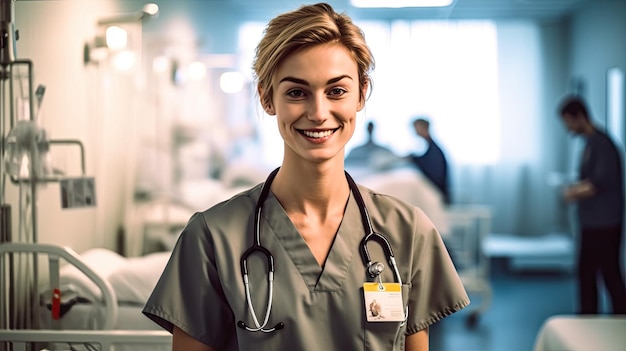 a smiling nurse with a stethoscope on her neck