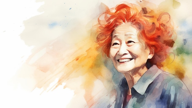 Улыбающаяся старая китаянка с рыжими вьющимися волосами. Акварельная иллюстрация Портрет случайного человека на белом фоне с копировальным пространством Фотореалистичная горизонтальная иллюстрация, созданная AI