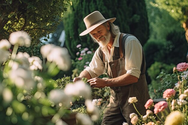 smiling old man gardener and florist in nice garden with plants and trees