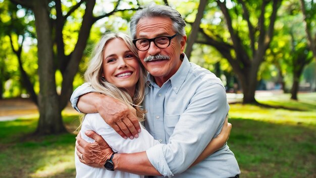 Smiling old man with grey hair and mustache in glasses and light shirt hugging with blonde woman in