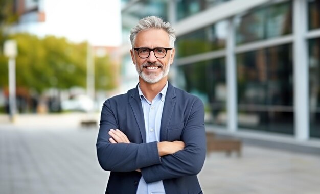 Smiling old senior business man with gray hair crossed arms confident looking at camera on the street and copy space Mature professional man on urban background