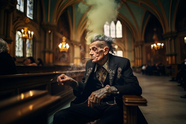 AI が生成した、教会でタバコを吸う大胆な髪の笑顔の刺青ファッション老人