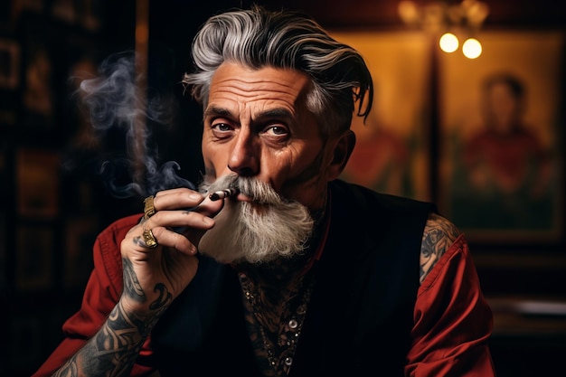 Улыбающийся старый татуированный модник с дерзкими волосами курит сигарету в церкви AI Generated