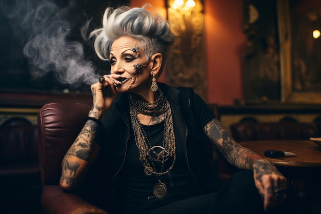 Smiling old tattooed fashion woman with bold hair smoking a cigarette AI Generated