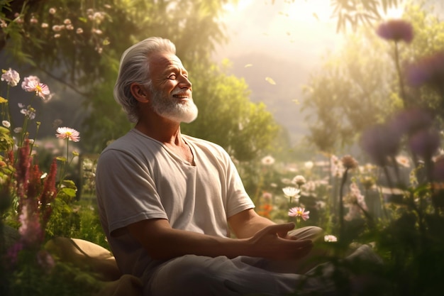 Smiling older man enjoying a peaceful moment in Generative ai