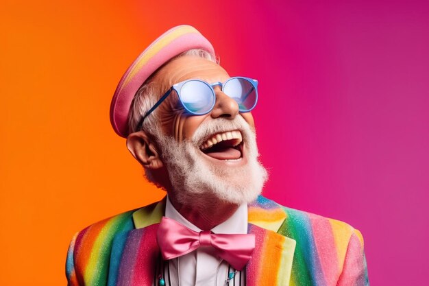 Smiling older man in LGBTQ attire pink bowtie blue sunglasses Studio shot on pinkorange backgrou