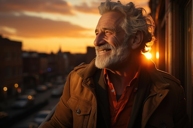 日没時に微笑む年配の男性 生成AI