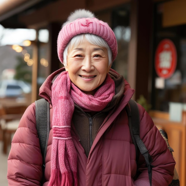 ピンクの帽子とスカーフをかぶった笑顔の年配の女性