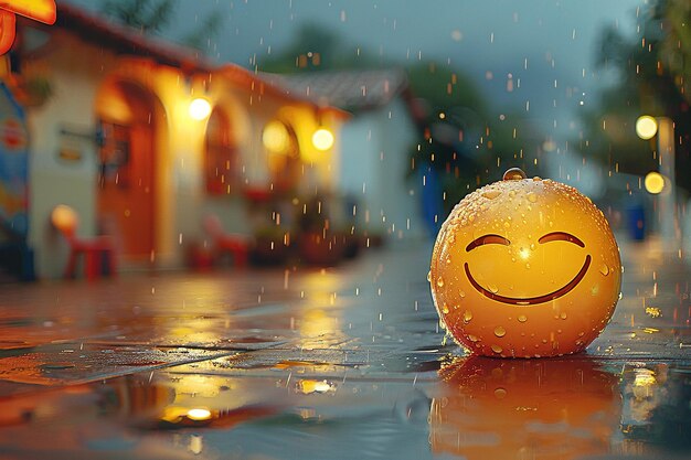 A smiling orange ball is sitting in a puddle of rain