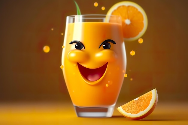 A smiling orange juice with a cut orange slice on the bottom.