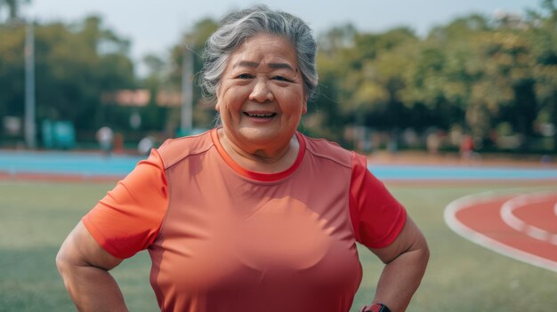 smiling overweight chinese senior sportswoman with hands on waist