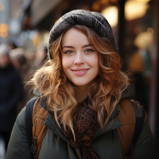 A smiling overweight woman in the street