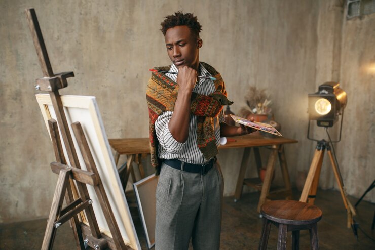 Photo smiling painter with canvas standing near easel