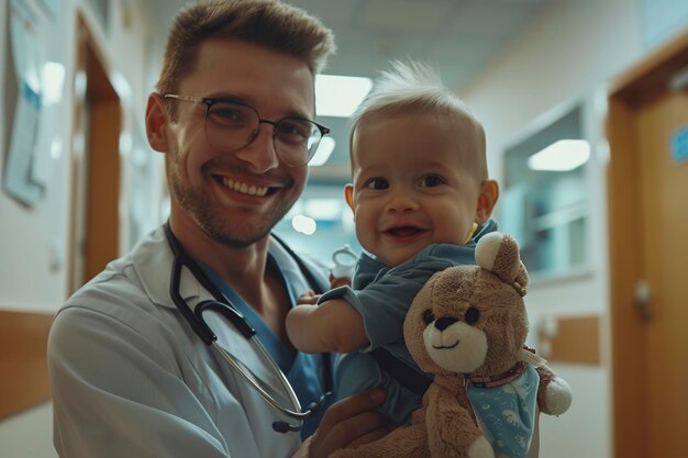 Photo a smiling pediatrician caring for a small child